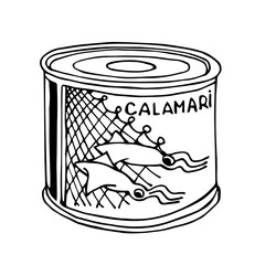 canned squids, delicious seafood, for icon, logo or emblem, vector illustration with black ink contour lines isolated on a white background in a hand drawn & doodle style