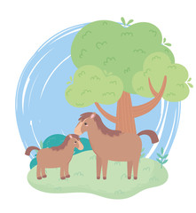 cute horse and foal tree bush grass cartoon animals in a natural landscape