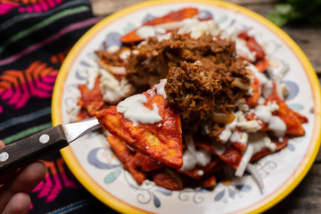 Mexican red chilaquiles with chilorio and cheese on wooden background