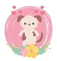 Obraz na płótnie Canvas cute little dog flowers hearts cartoon animals in a natural landscape