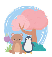 little penguin bear tree and flowers cartoon animals in a natural landscape