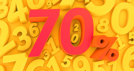 red Seventy percent on a yellow background numbers.. Seventy percent off. Special Offer 70% Discount Tag, 3D rendering