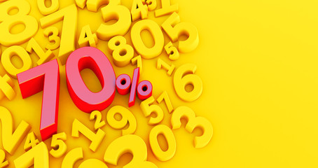 red Seventy percent on a yellow background numbers.. Seventy percent off. Special Offer 70% Discount Tag, 3D rendering