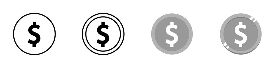 Moneda. Conjunto de iconos de moneda. Dinero. Ilustración vectorial aislada en fondo blanco. Diferentes estilos