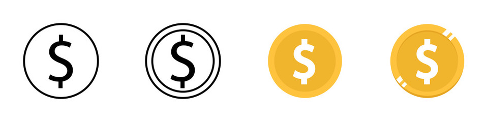 Moneda. Conjunto de iconos de moneda. Dinero. Ilustración vectorial aislada en fondo blanco. Diferentes estilos