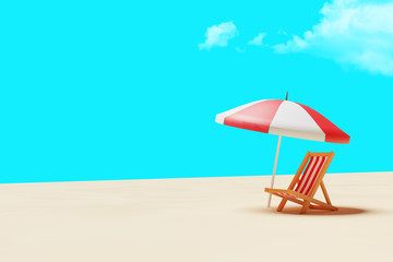 3D illustration of Parasol and beach chair under a summer blue sky