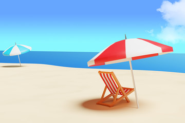 3D illustration of Parasols and beach chairs under a summer blue sky