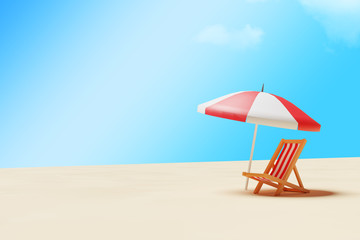 3D illustration of Parasol and beach chair under a summer blue sky