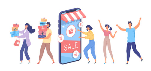 People buy different stuff at a discount  online sale vector illustration
