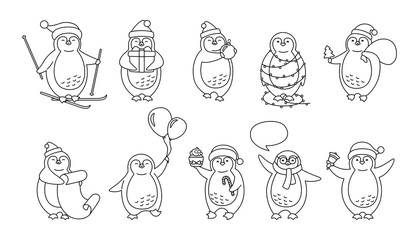 Penguin christmas cartoon line set. Cute flat hand drawn penguins collection. New year smile happy character linear, santa hat, balloons, garland, gift ski, speech bubble. Isolated vector illustration