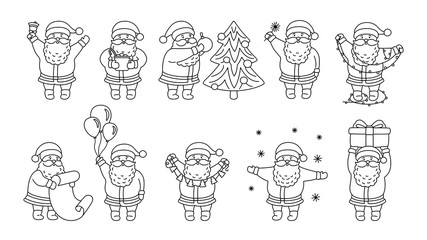 Christmas Santa Claus outline flat set. Linear collection funny happy character with christmas tree, gift and garland, balloons or list. Different santa and New Year line objects. Vector illustration