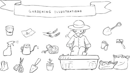 ガーデニングの線画イラストセット © lemon