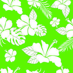 Hibiscus Flower Hawaiian Floral Pattern On Green Background. Tropical Flower Seamless repeat patterns