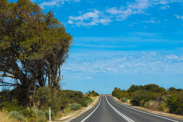Long stretch of road in the Australian outback during a summer road trip