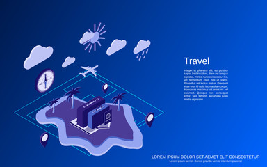 Travel, tourism, vacation flat 3d isometric illustration