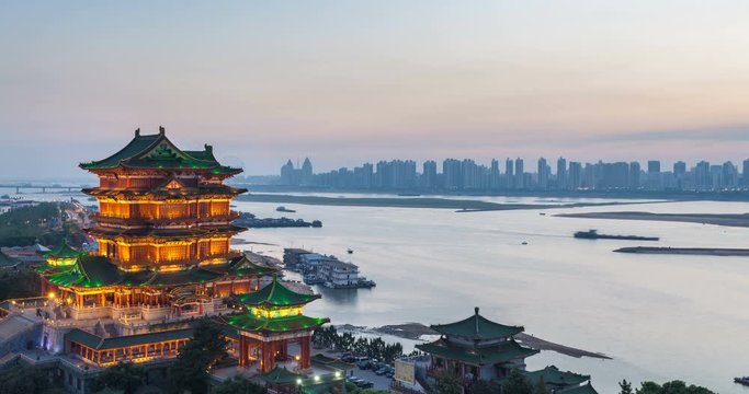 time lapse of tengwang pavilion in nightfall, nanchang city,jiangxi province,one of the three famous buildings in south China.