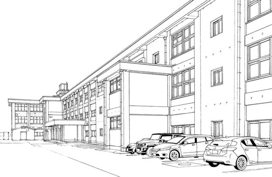 漫画風ペン画イラスト　学校_外観