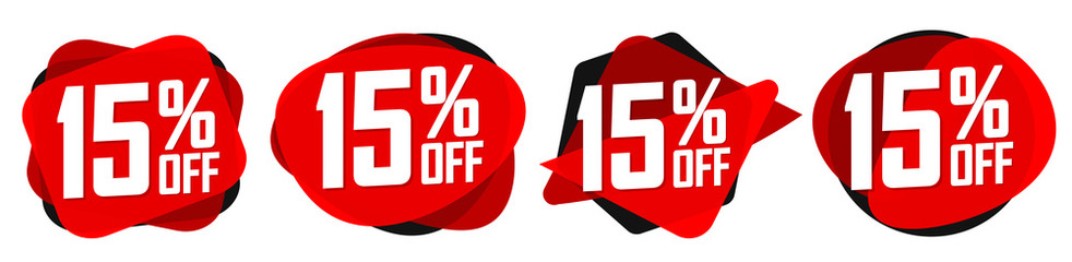 Set Sale 15% off bubble banners, discount tags design template, today offers, vector illustration