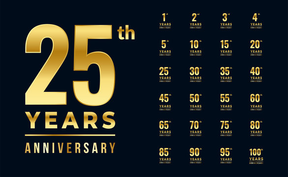 Set of anniversary logotype and  golden color for celebration event, wedding, greeting card, and invitation.