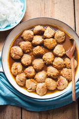 Hoisin glazed pork meatballs with rice noodle pasta 