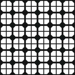 Simple black and white repeating grid pattern of boxes with crossing lines and thick outlines, geometric vector illustration