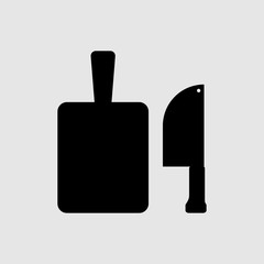 Cutting board and kitchen knives vector icon, gray background. EPS 10