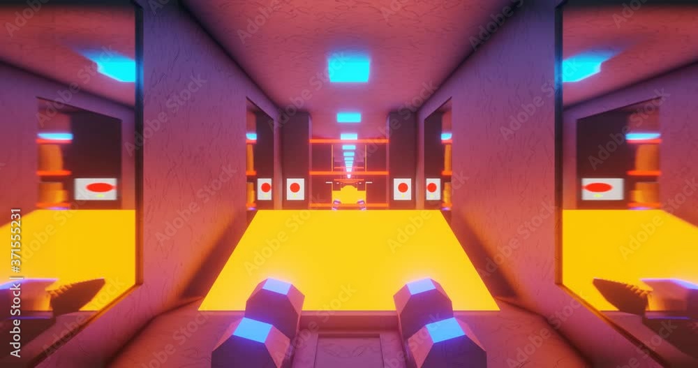 Poster 3d render loop animation of hi-tech style tunnel with blue, yellow light.
