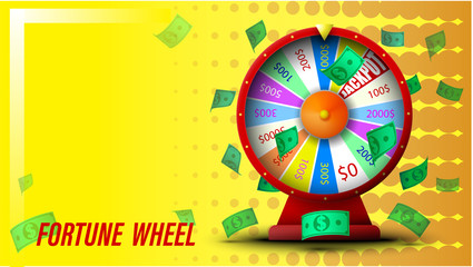 wheel of fortune, jackpot, main prize. Unexpected luck, casino games and gambling. Spin the roulette, try your luck. Dollar bills are flying in air. Background for banner or online kozino. Vector