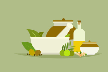 llustration of mortar, herbal ingredients and traditional utensils