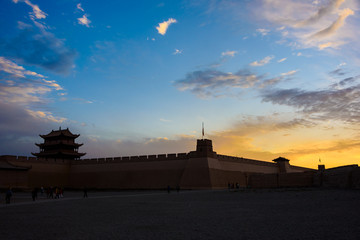 13th century Jiayuguan Pass, first frontier fortress at the west end of the Great Wall in Gansu...