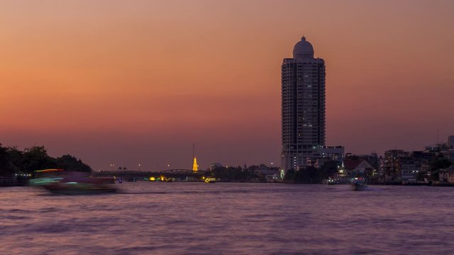Timelapse long tail speed boat tour and boat traffic on the Chao Phraya River with a beautiful view of China Town and movement on sunset time from evening tonight in Bangkok, Thailand.