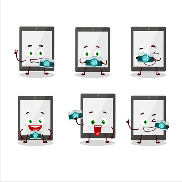 Photographer profession emoticon with tablet cartoon character