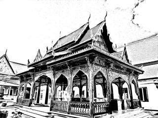 Thai ancient architectural style illustration creates a black and white style of drawing.