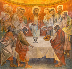 BARCELONA, SPAIN - MARCH 3, 2020: The fresco of Last supper in the chruch Iglesia de Belen by...