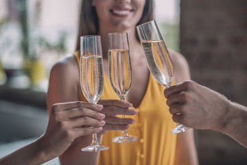 Three people toasting their glasses filled with lcohol