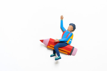 African American student flying on a pencil Paper crafrt. Education concept.