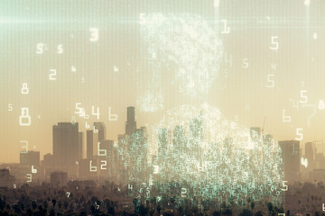 Data theme hologram drawing on city view with skyscrapers background multi exposure. Bigdata concept.
