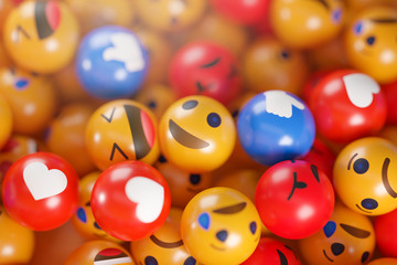 Emoji Icons With Facial Expressions. Social Media Concept Background 3D Rendering