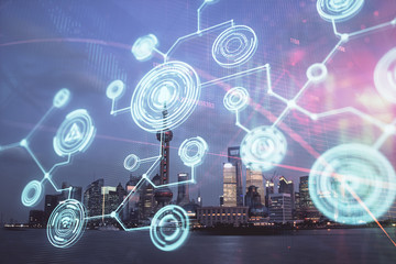 Multi exposure of social network theme drawing and cityscape background. Concept of people...