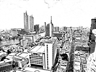 City landscape  illustration creates a black and white style of drawing.