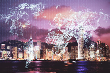 Multi exposure of social network theme drawing and cityscape background. Concept of people...