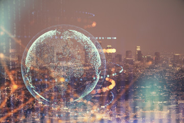 Map and data theme hologram on city view with skyscrapers background double exposure. International technology in business concept.