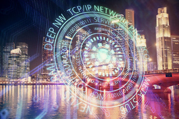 Data theme hologram drawing on city view with skyscrapers background multi exposure. Ai concept.