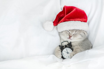 Gray kitten wearing red santa's hat sleeps with alarm clock under a white blanket on a bed. Top...