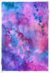 Intense and washed out purple violet wet-on-wet watercolor ink texture on grainy paper, hand painted, isolated on white square background. 