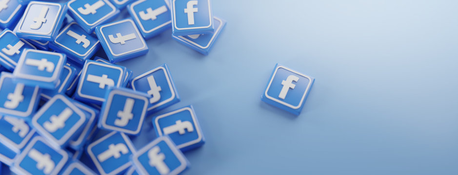 A Bunch Of Facebook Logos. Copy Space Banner Background 3D Rendering