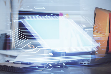 Multi exposure of desktop computer and technology theme hologram. Concept of software development.