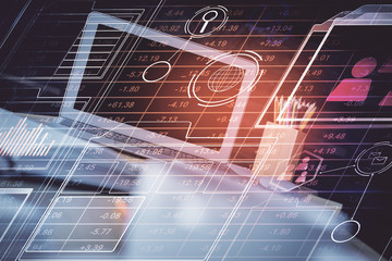 Double exposure of desktop computer and technology theme hologram. Concept of software development.