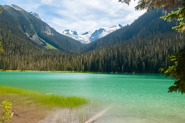 a mountain lake with the snow peaks at the background