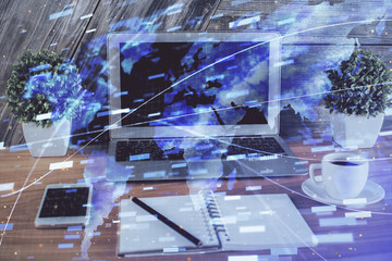 Double exposure of computer and technology theme drawing. Concept of innovation.